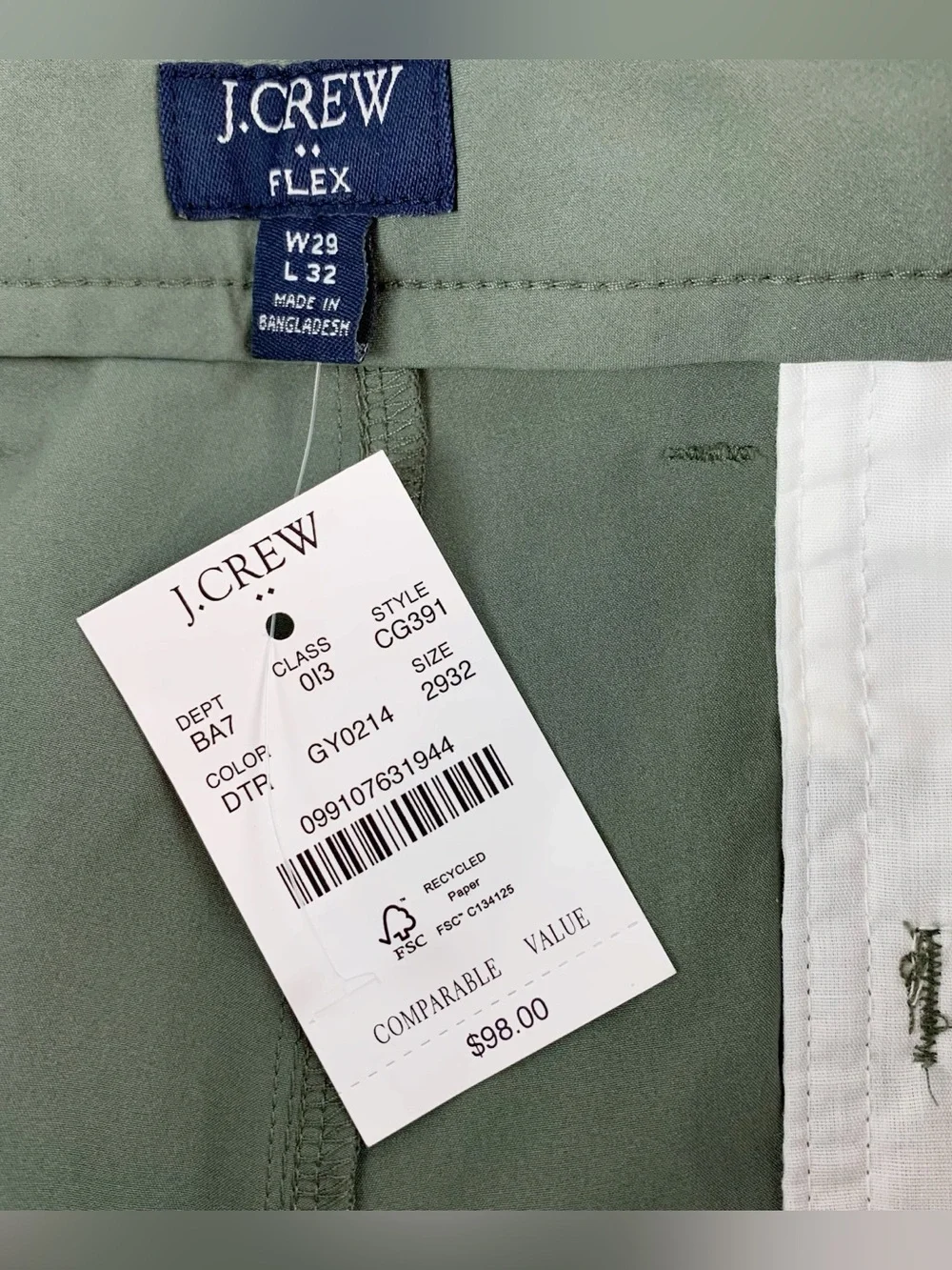 J crew New Men's straight-fit tech chino pant performance in Olive green 28x32
